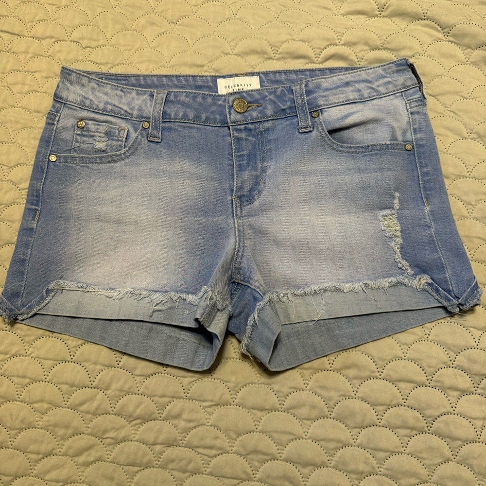 Celebrity Pink Blue Jean Shorts w/ Frayed Cuff, Size 5 (or size 27); 3” inseam